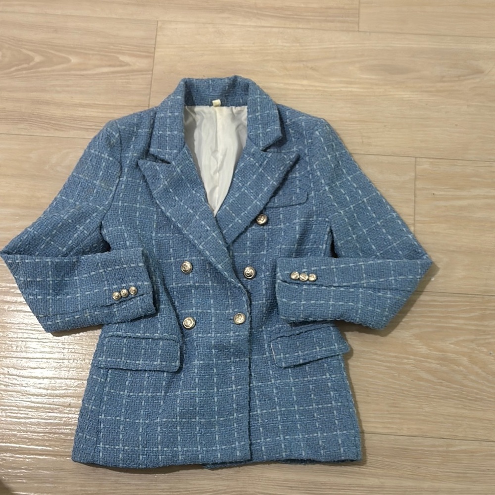 Women's Blue Tweed Double-Breasted Jacket sz xs, fits S